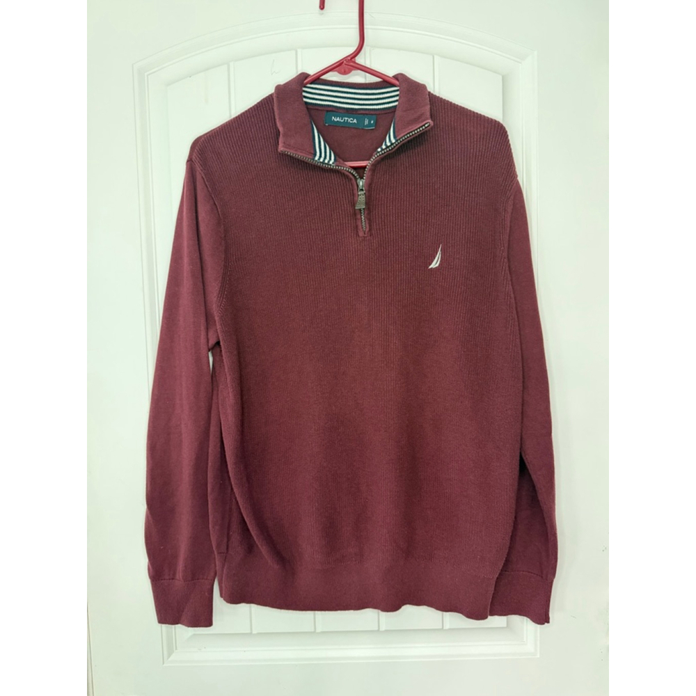 Men's Nautica Burgundy Quarter-Zip Sweater Medium 100% cotton size M Preppy